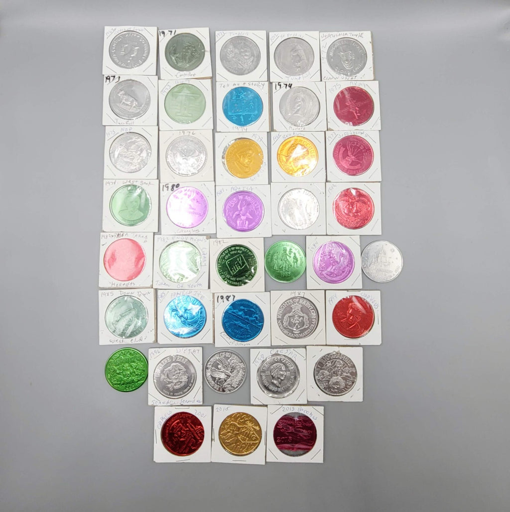 Vintage Mardi Gras Doubloons 39 Pcs token Lot Set PGG Charms 1962-2015