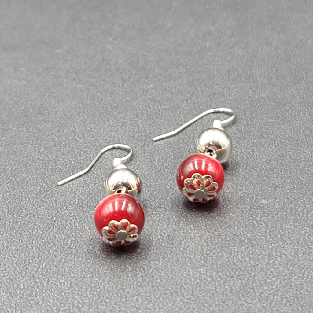 Pierced Earrings Silver tone Bead Red Moonglow Bead Dangle 1"