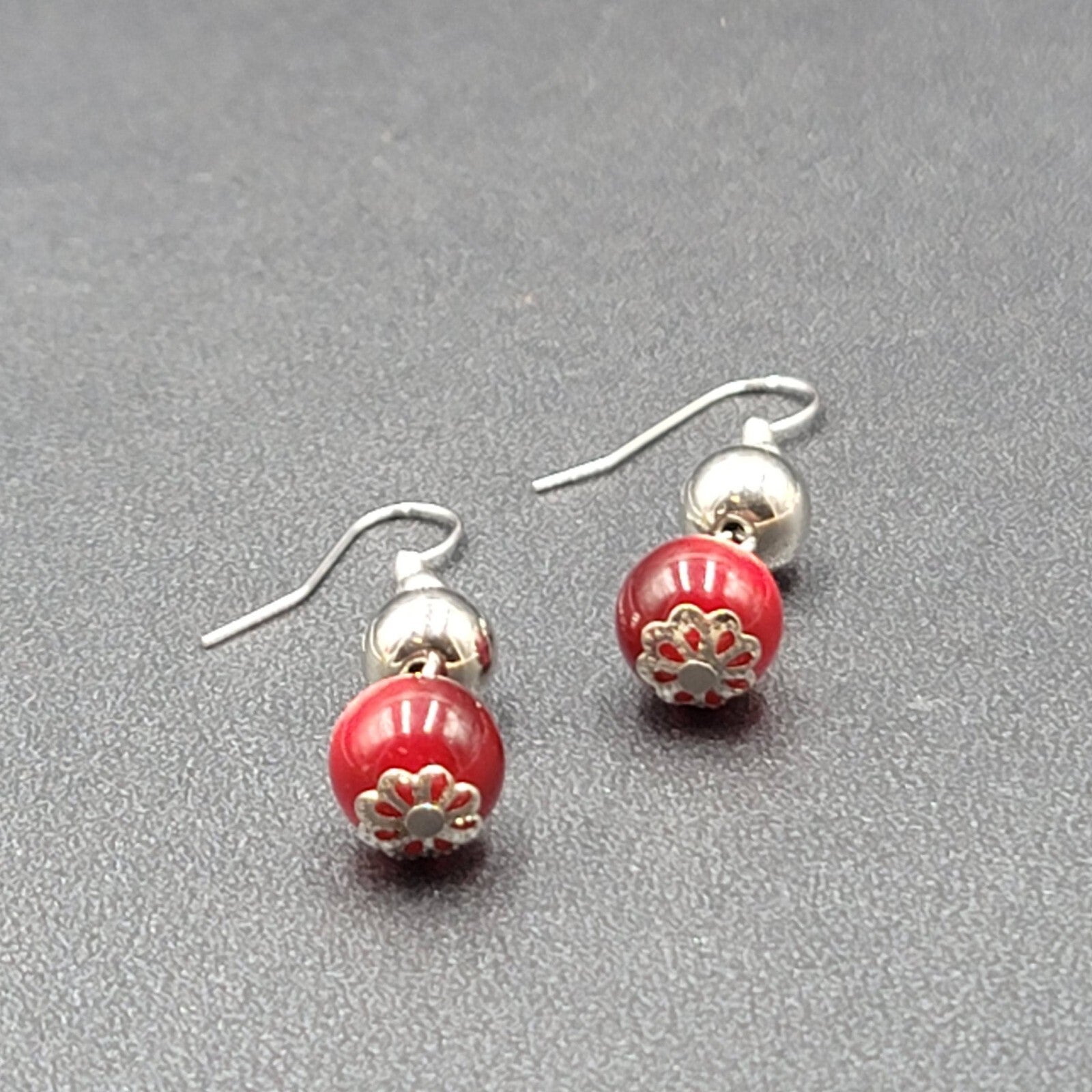 Pierced Earrings Silver tone Bead Red Moonglow Bead Dangle 1"