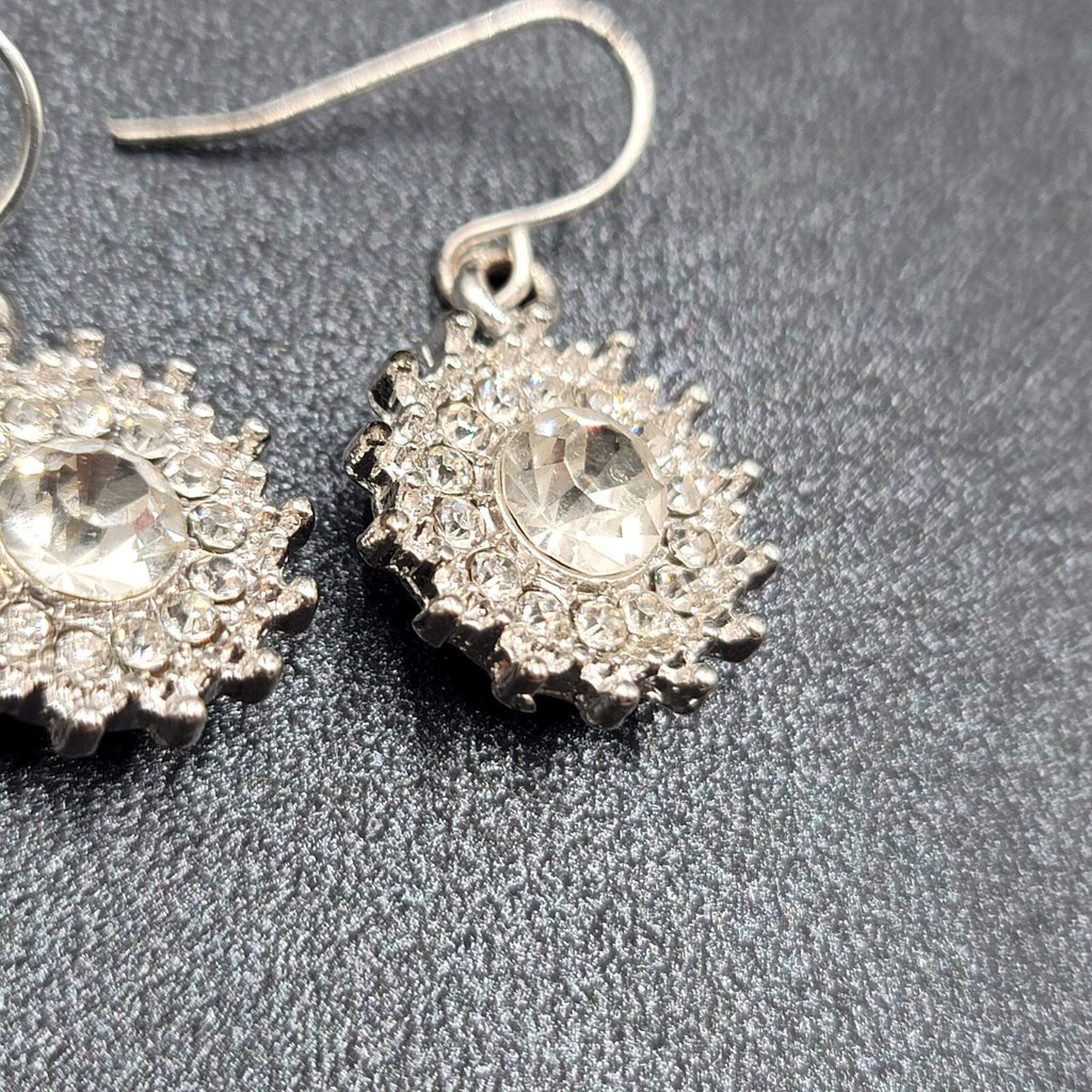 Pierced Earrings Silver Plated Crystal Rhinestone Dangle 3/4"