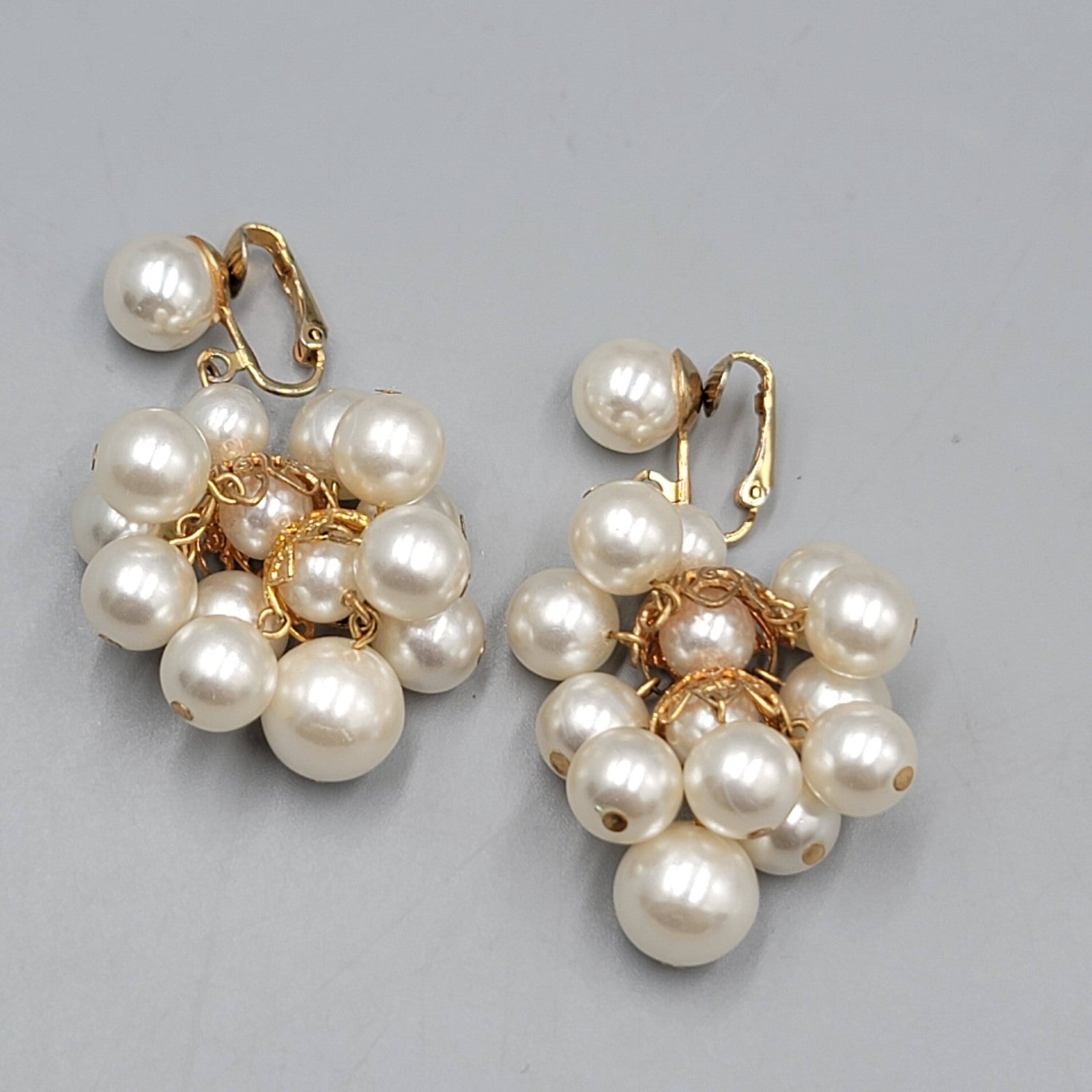 Vintage White Beaded Chandelier Clip on Earrings Gold tone Dangle 2 in
