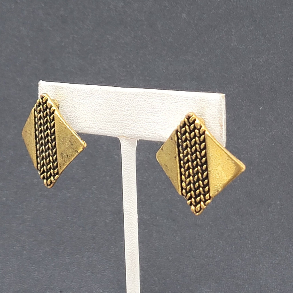 Pierced Earrings Antiqued Gold tone Brutalist Square Drop 1"