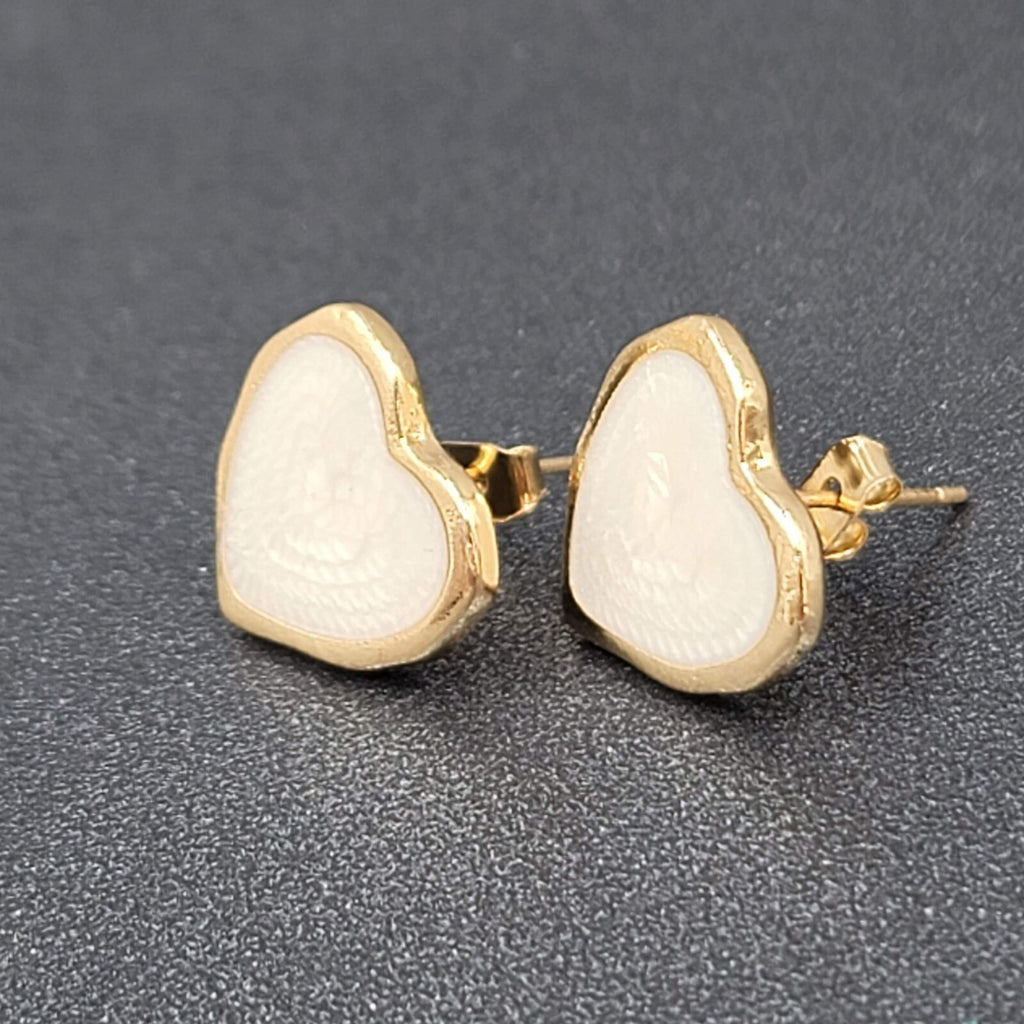 White Heart Pierced Earrings Enamel Gold tone Studs  5/8"