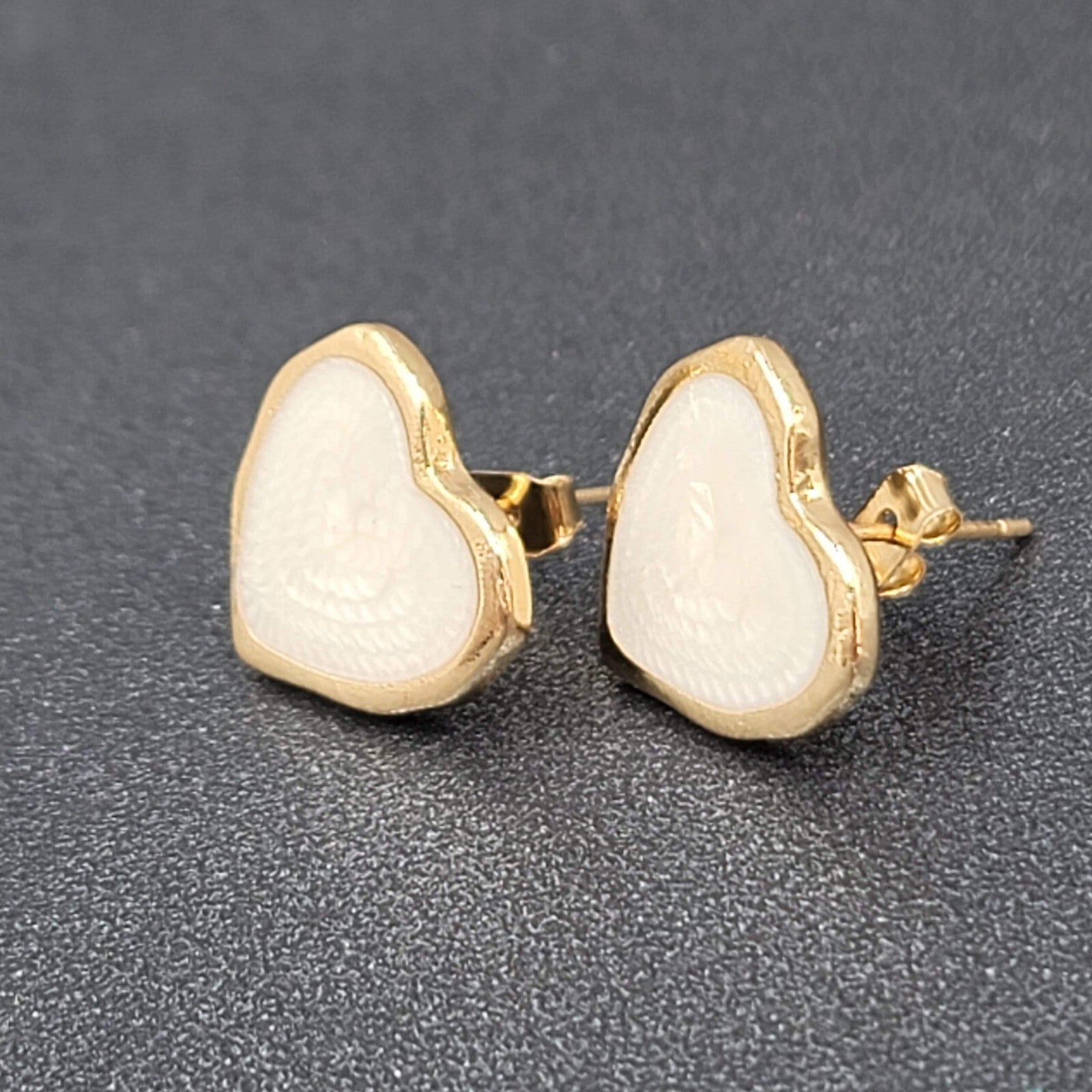White Heart Pierced Earrings Enamel Gold tone Studs  5/8"