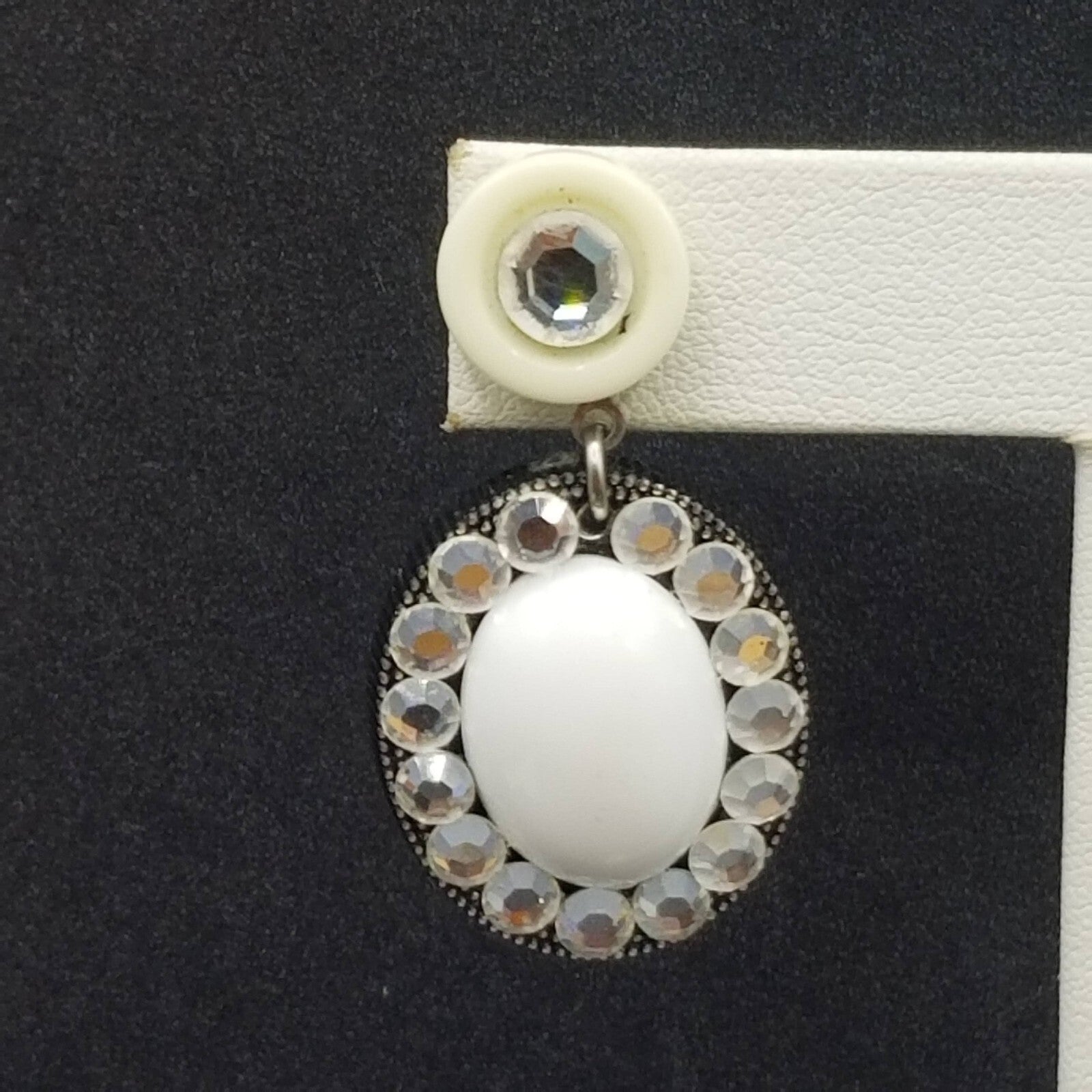 Pierced Earrings Black White Acrylic Oval Button Crystal Statement Dangle 1 5/8"