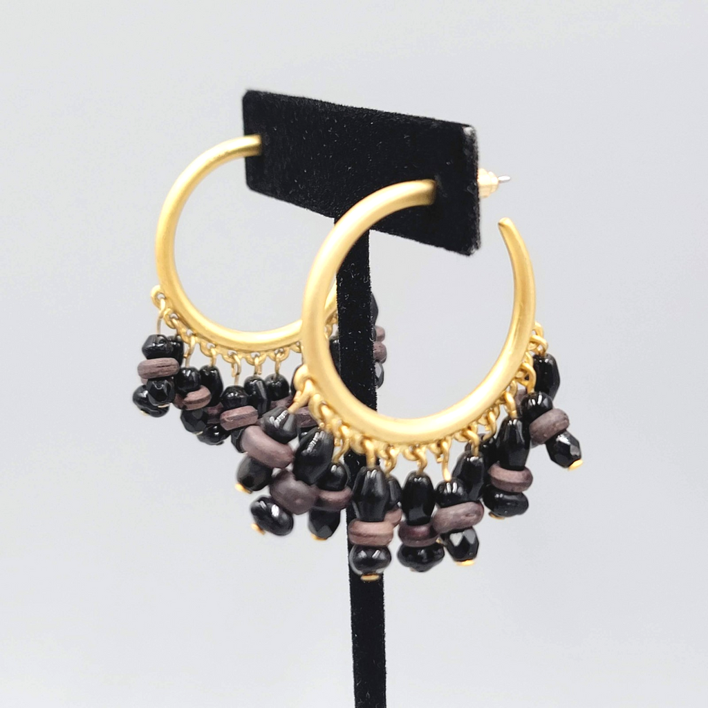 Beaded Hoop Pierced Earrings Hoops Gold tone Dangle 1.75"