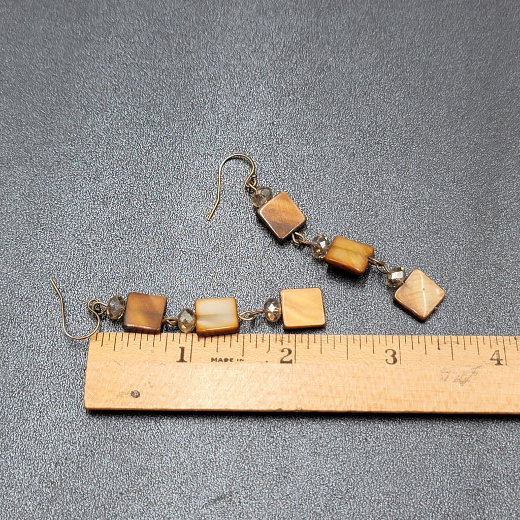 Pierced Earrings Brown Square Seashell Beads Dangle 2 3/8"