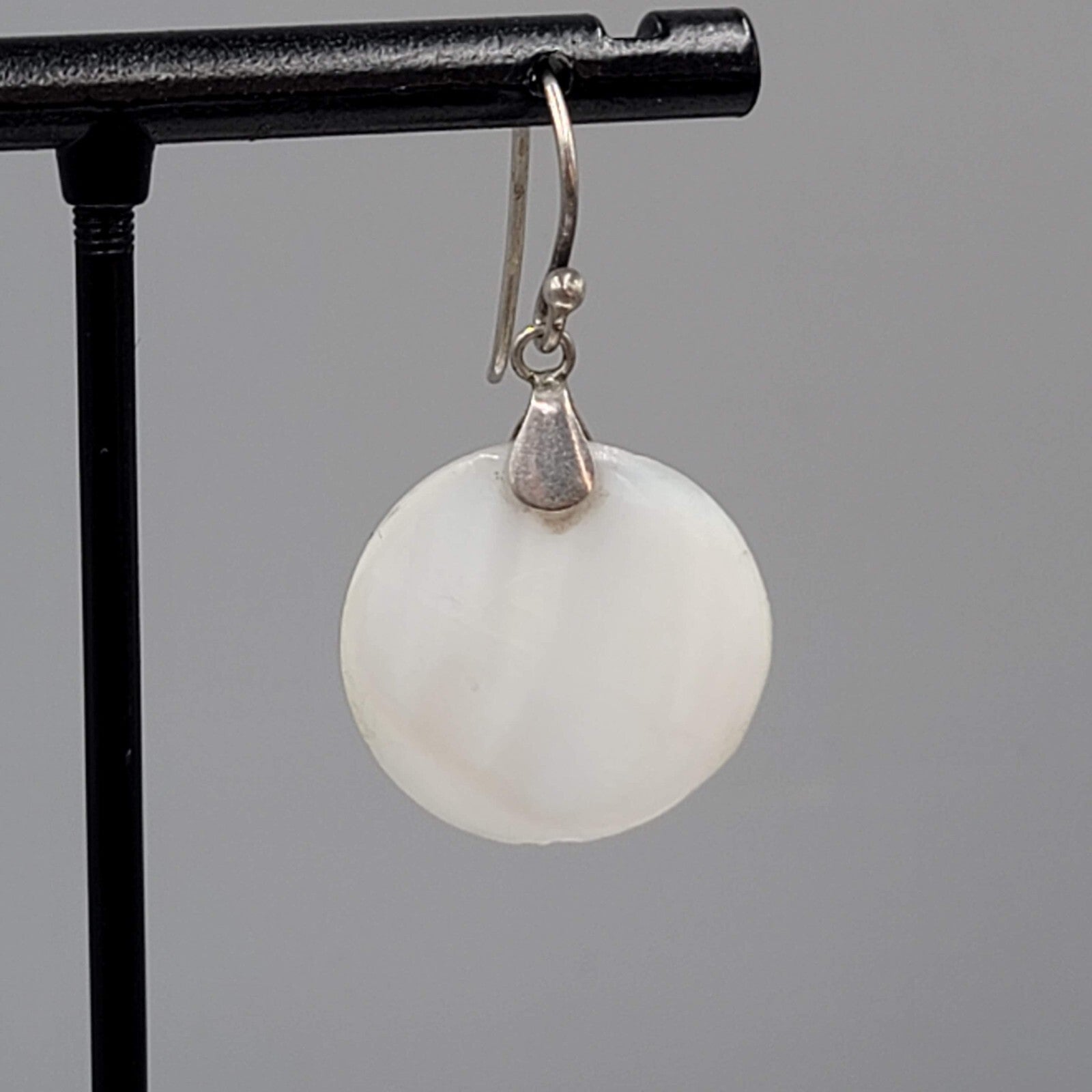 Sterling Silver Pierced Earrings Round Mother of Pearl Dangle 7/8"
