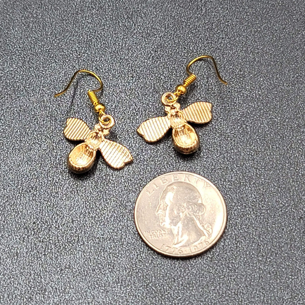 Bumble Bee Pierced Earrings Gold tone Rhinestone White Enamel Dangle New 5/8"