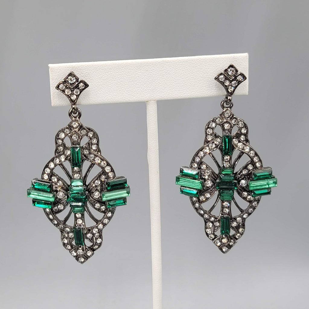 Large Statement Pierced Earrings Black Metal Green Rhinestone Dangle 2.75 in