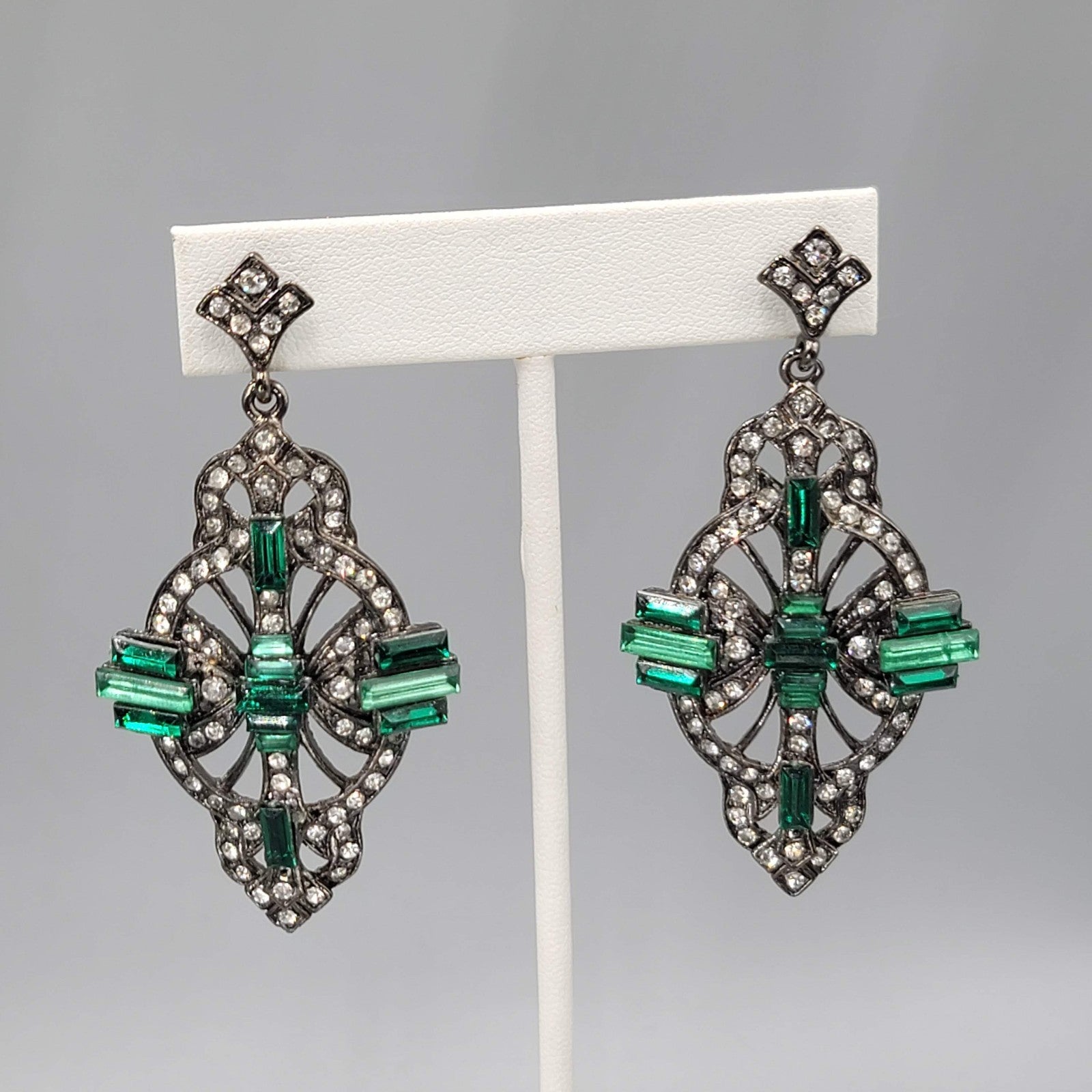 Large Statement Pierced Earrings Black Metal Green Rhinestone Dangle 2.75 in