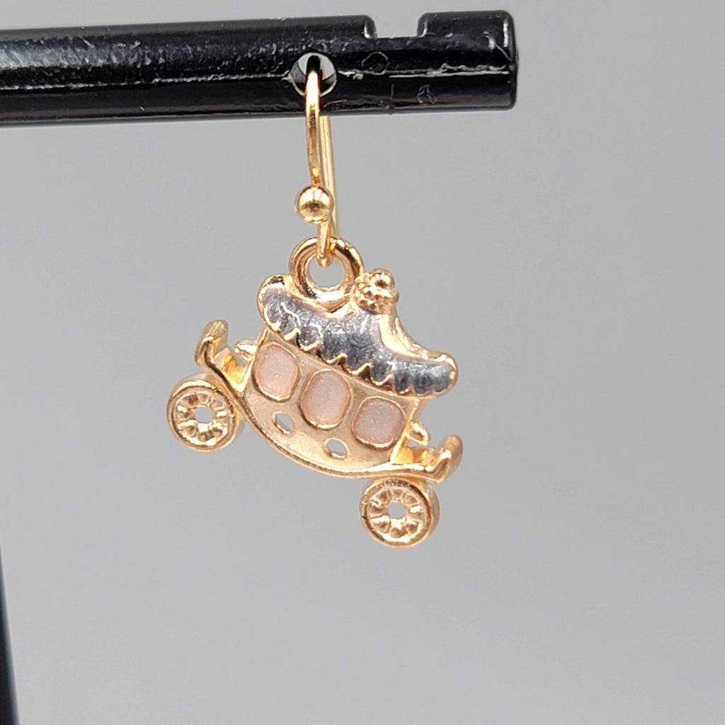Carriage Enamel Pierced Earrings Gold tone Dangle 5/8"