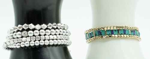 Beaded Elastic Bracelet Lot of 7 Silver tone Layered Gold tone Blue Beads NWT