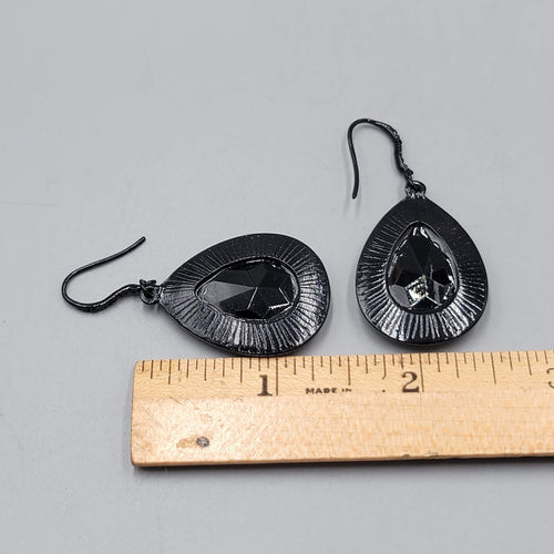 Black Enamel Teardrop Rhinestone Pierced Earrings Dangle 1 3/8 in