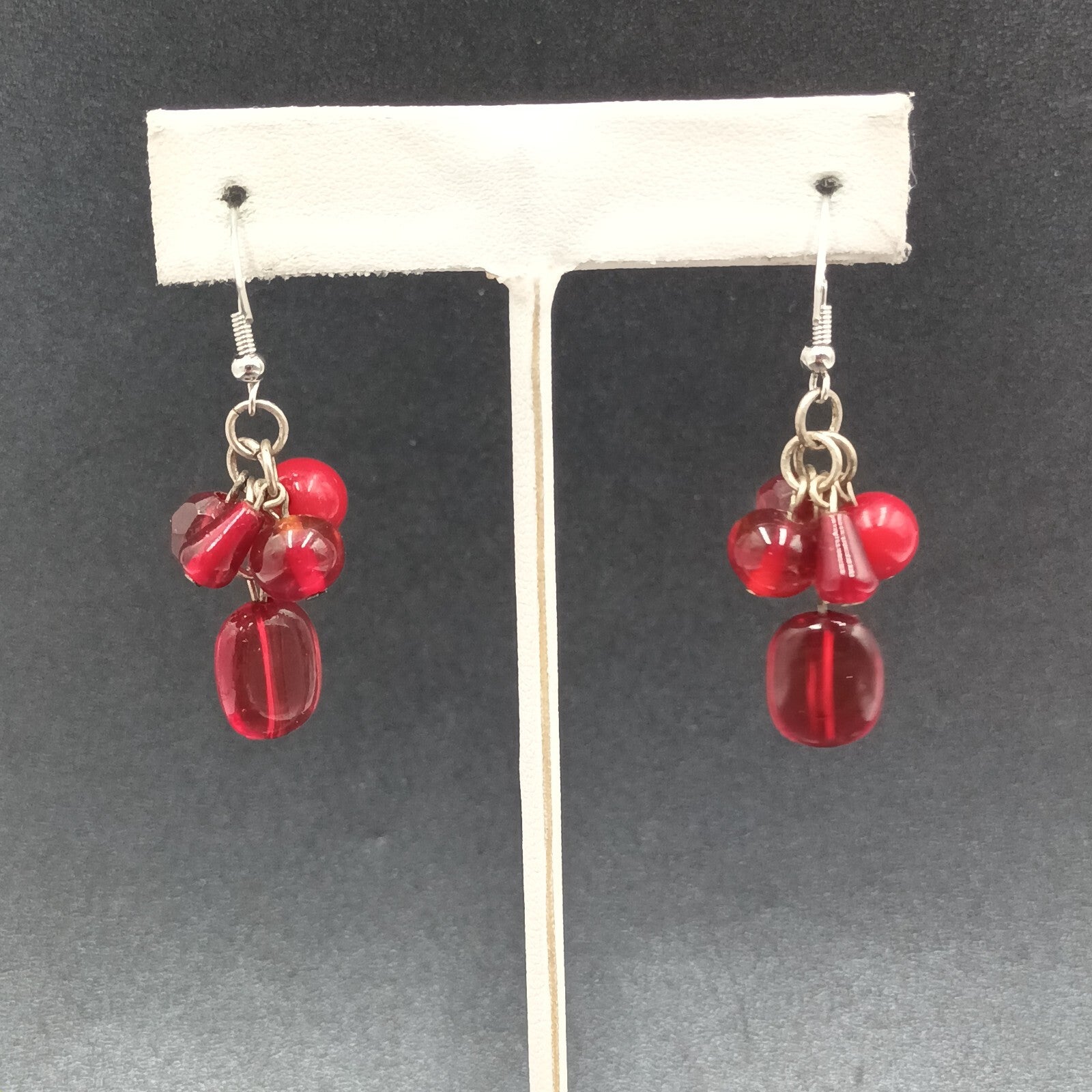 Pierced Earrings Red Acrylic Bead Cluster Silver tone Hook Dangle 1 3/8"