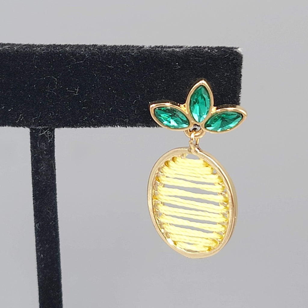 Pineapple Pierced Earrings Gold tone Green Rhinestone Yellow Thread Dangle 1.25"
