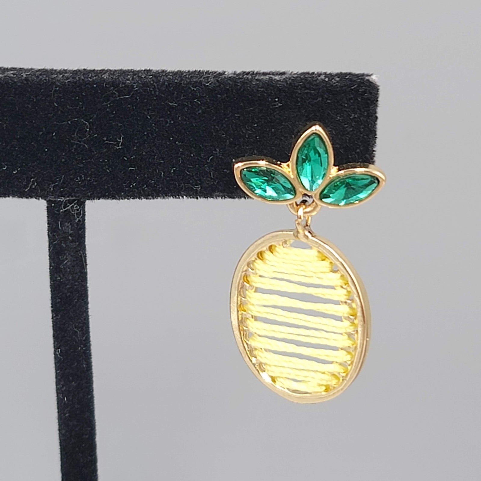 Pineapple Pierced Earrings Gold tone Green Rhinestone Yellow Thread Dangle 1.25"