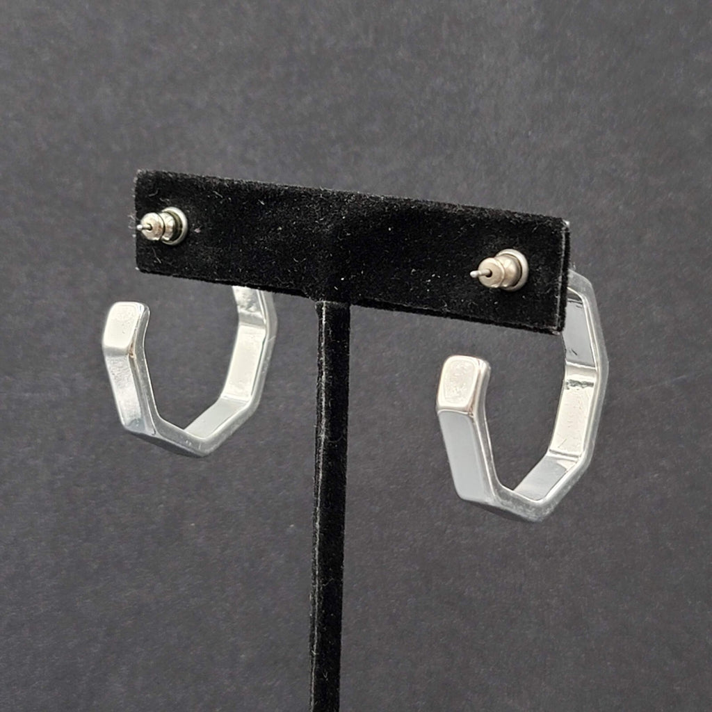 Pierced Earrings Hexagon Silver tone Hoops 1 1/8"