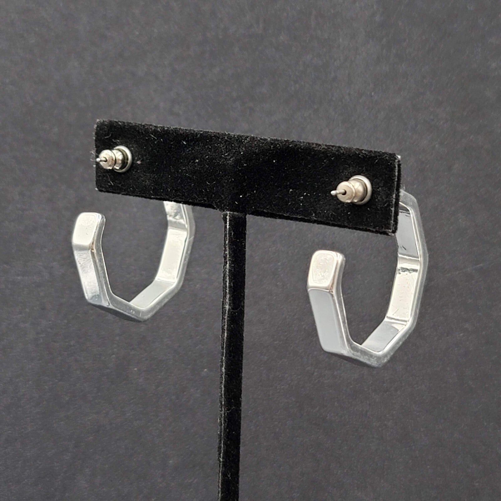 Pierced Earrings Hexagon Silver tone Hoops 1 1/8"