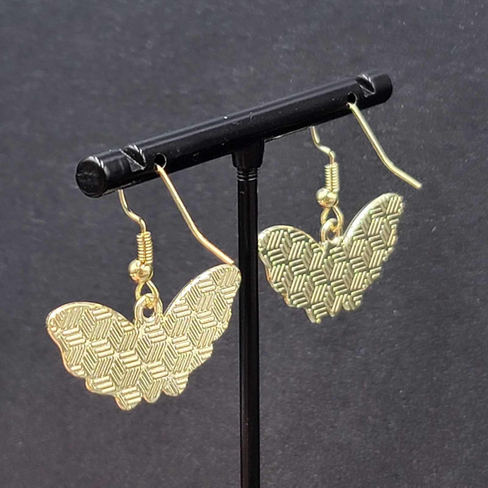 Moth Pierced Earrings Gold tone Green Pink Black Enamel Dangle 1/2"