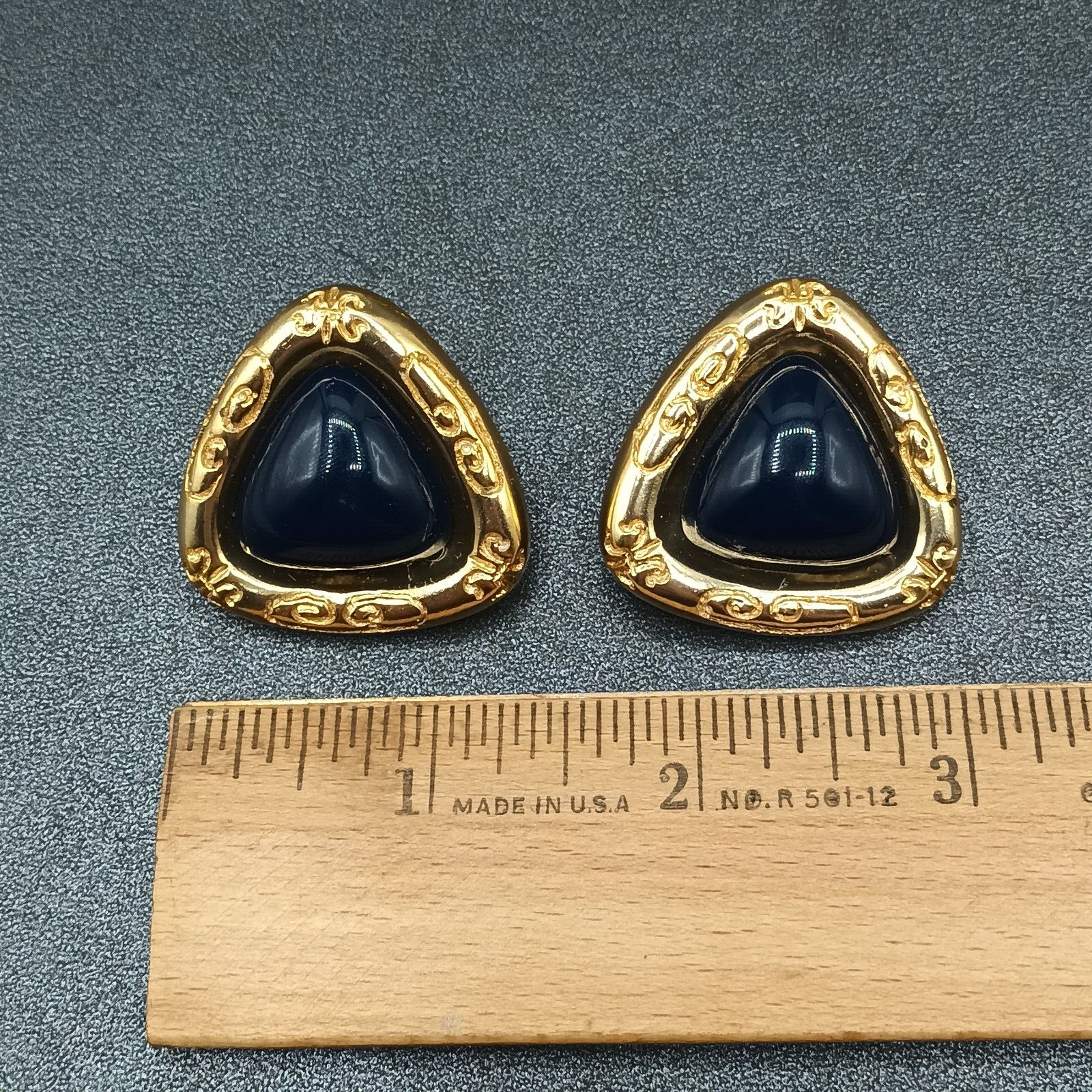 Vintage Clip on Earrings Gold tone Dark Blue Acrylic Soft Triangle Drop 1 3/8"