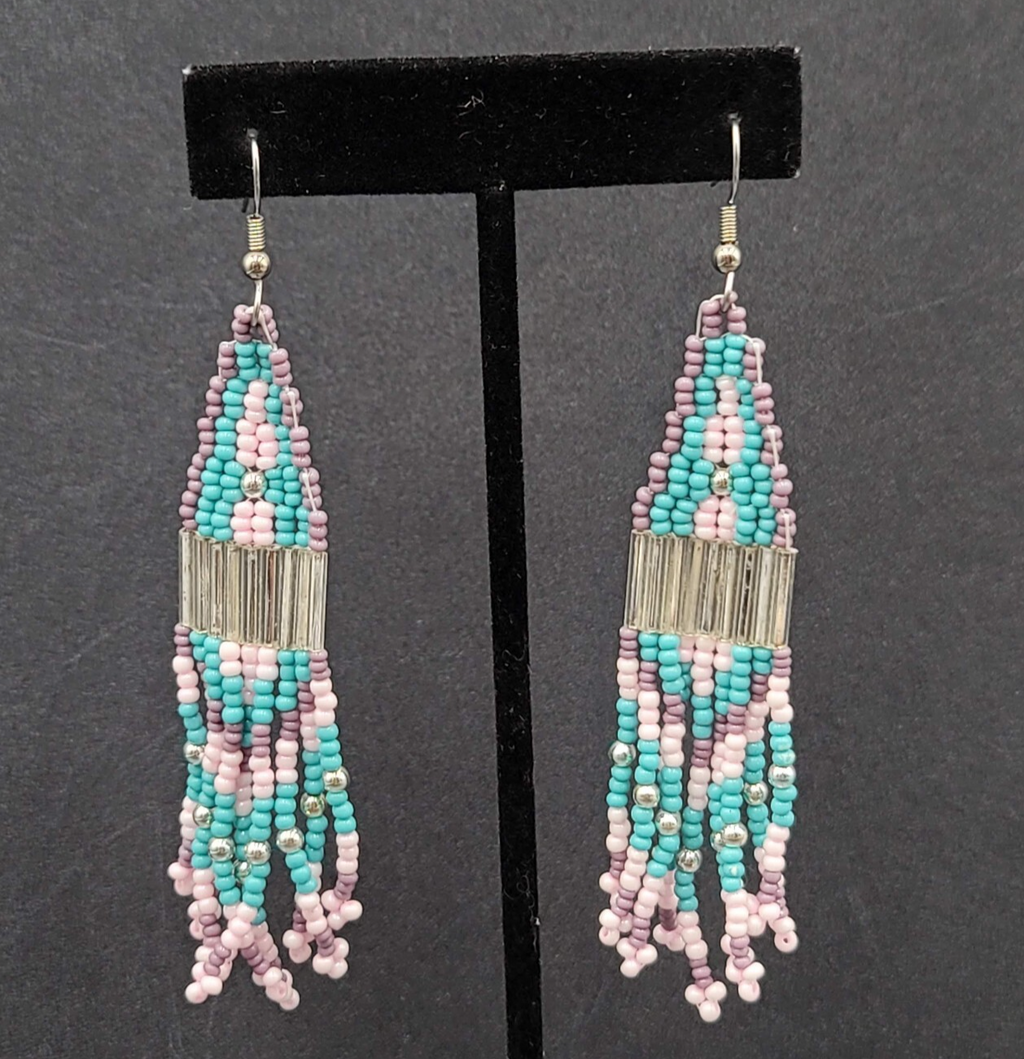 Pierced Earrings Blue Pink Purple Seed Bead Weaved 3 3/8"