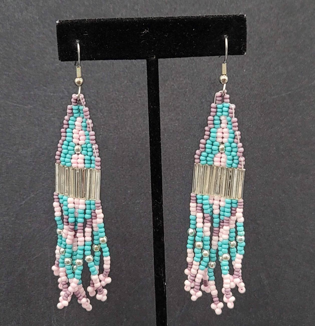 Pierced Earrings Blue Pink Purple Seed Bead Weaved 3 3/8"