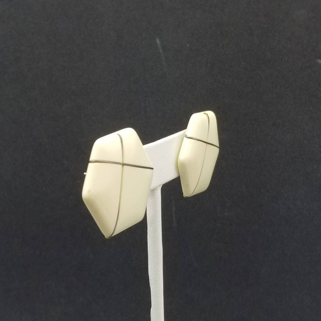 Vintage 1980's Pierced Earrings Cream Acrylic with Gold Line Hexagon Stud 1 1/4"