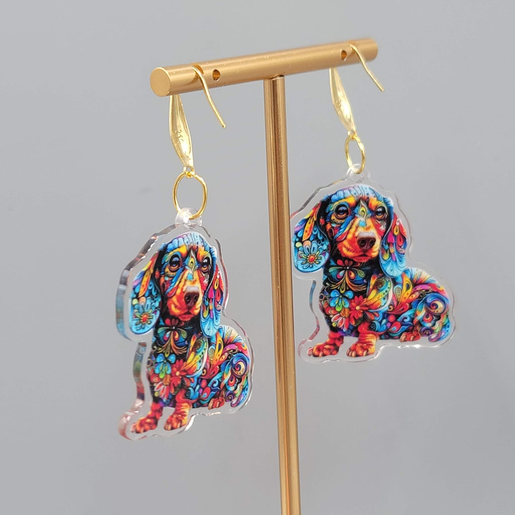 Colorful Dachshund Dog Pierced Earrings Acrylic Dangle Gold tone 1.75"