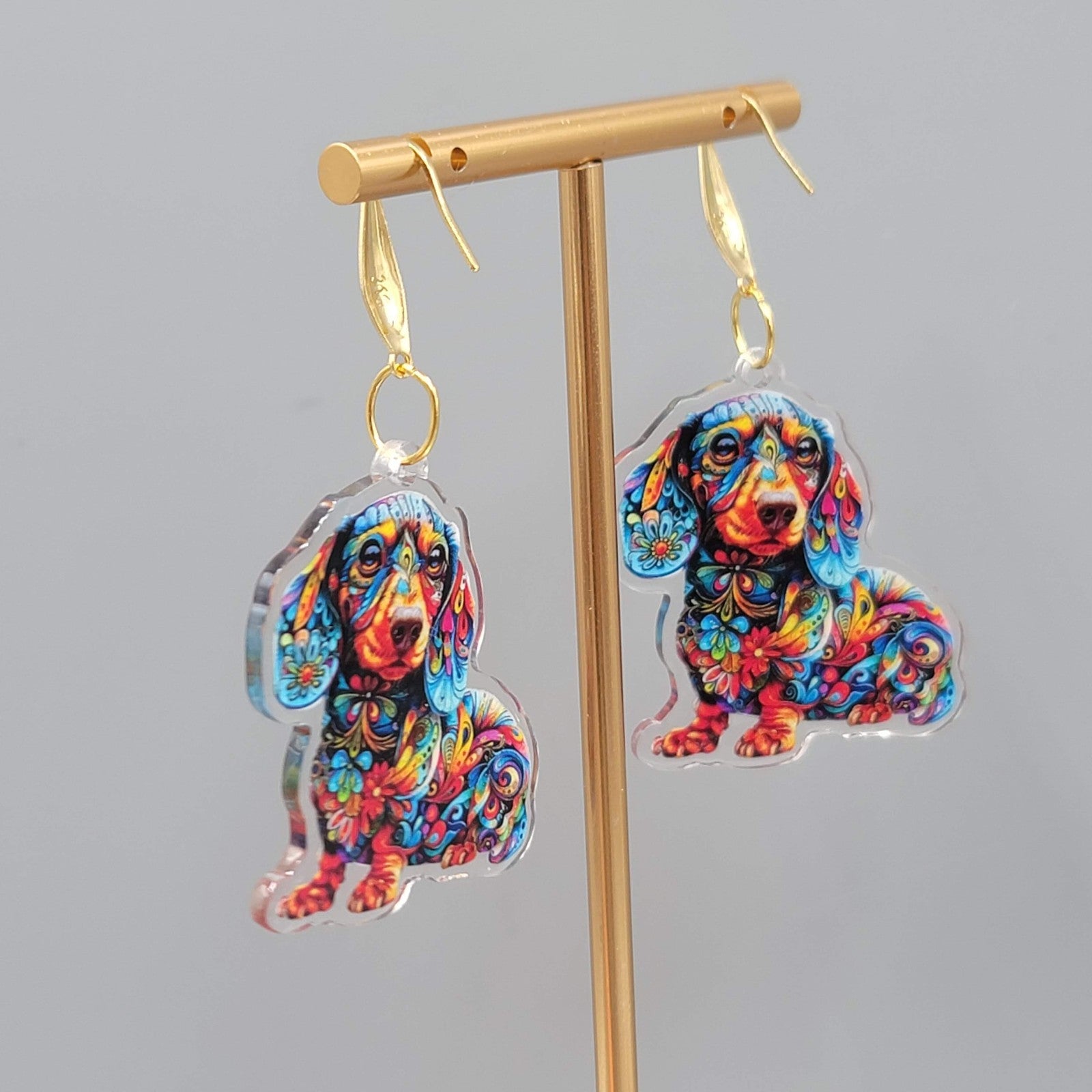 Colorful Dachshund Dog Pierced Earrings Acrylic Dangle Gold tone 1.75"