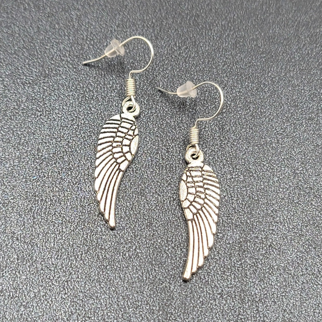Pierced Earrings Feather Silver tone Dangle Angel Bird 1 1/8"