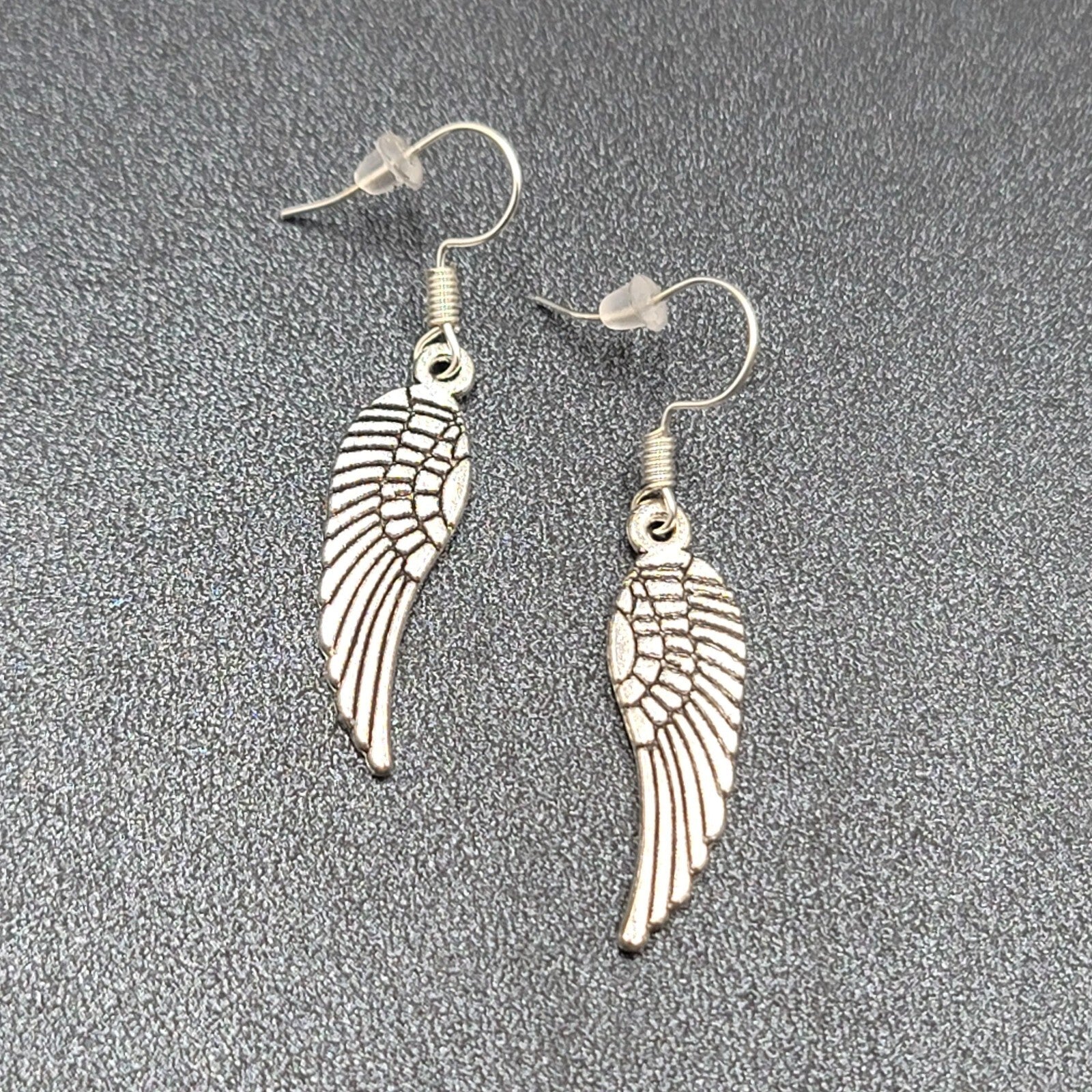 Pierced Earrings Feather Silver tone Dangle Angel Bird 1 1/8"