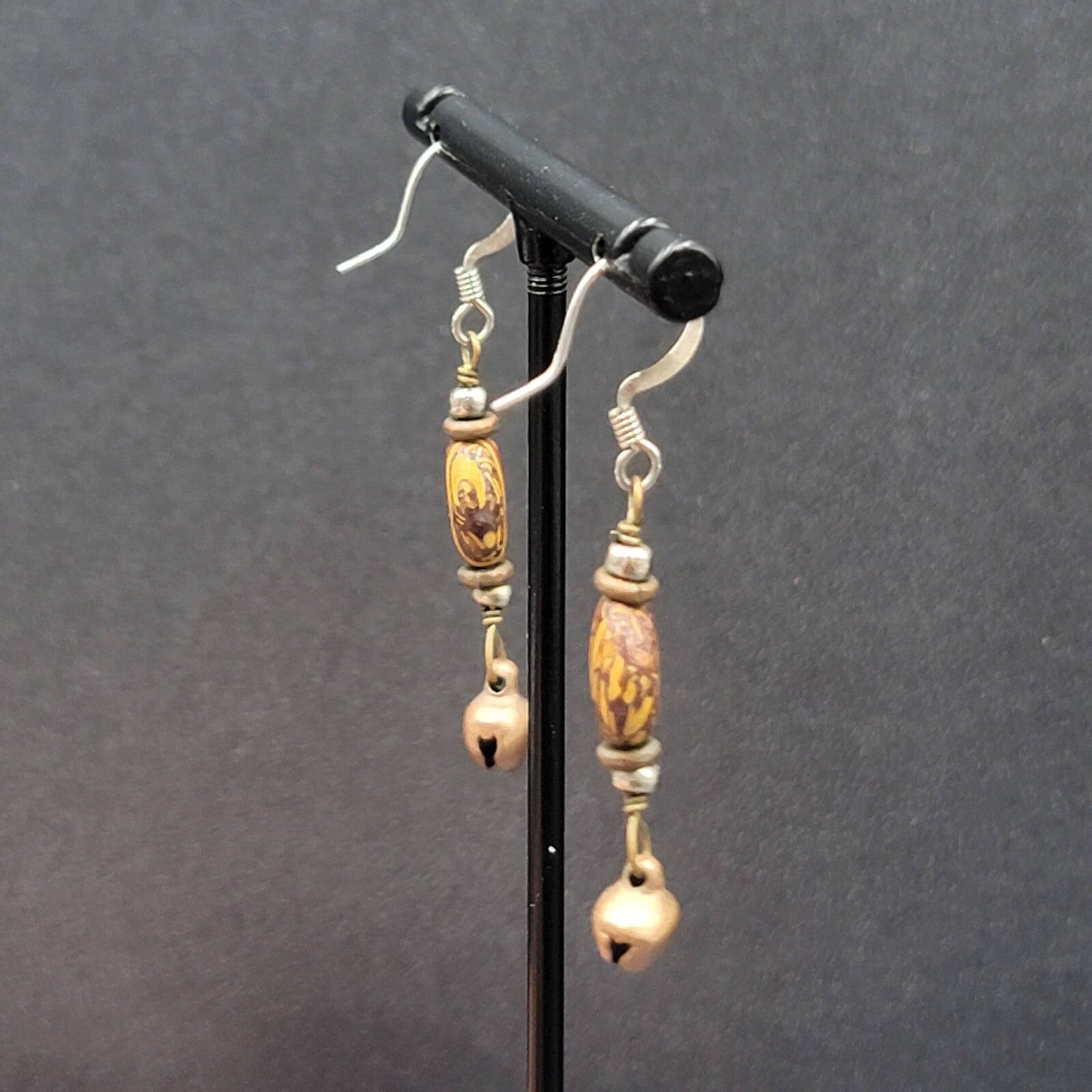 Pierced Earrings Brown Bead Copper Bell Dangle 1.25"