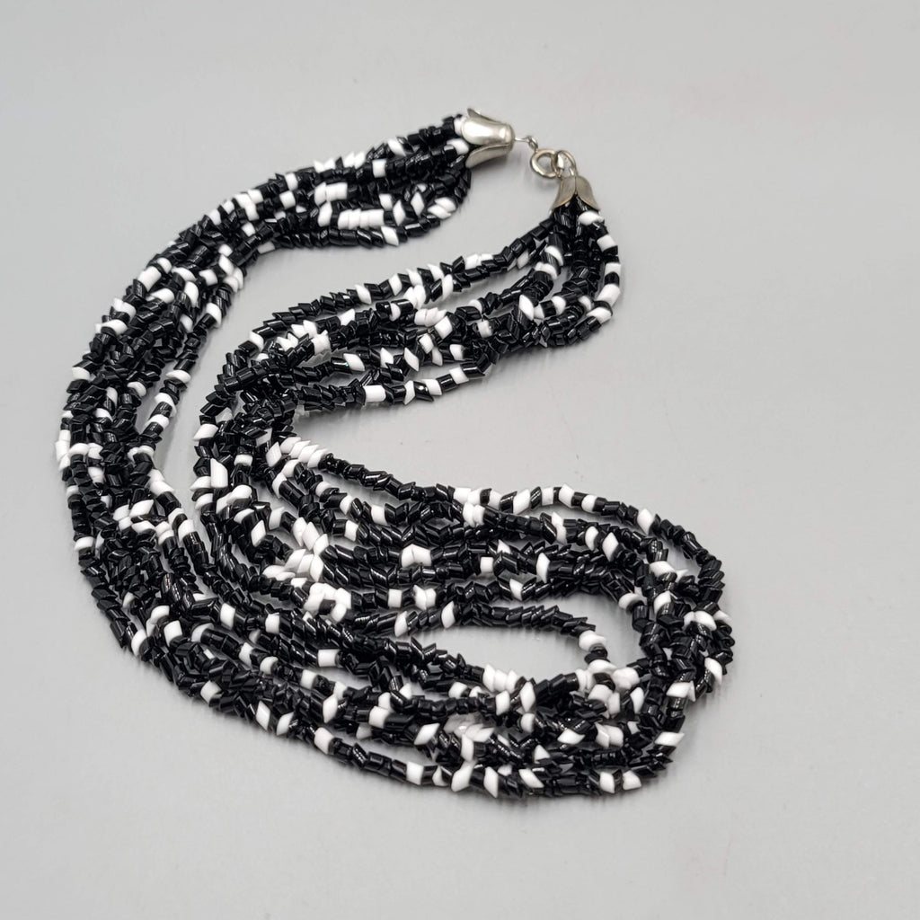 Vintage Black White Glass Bead Necklace Multi Strand 18"