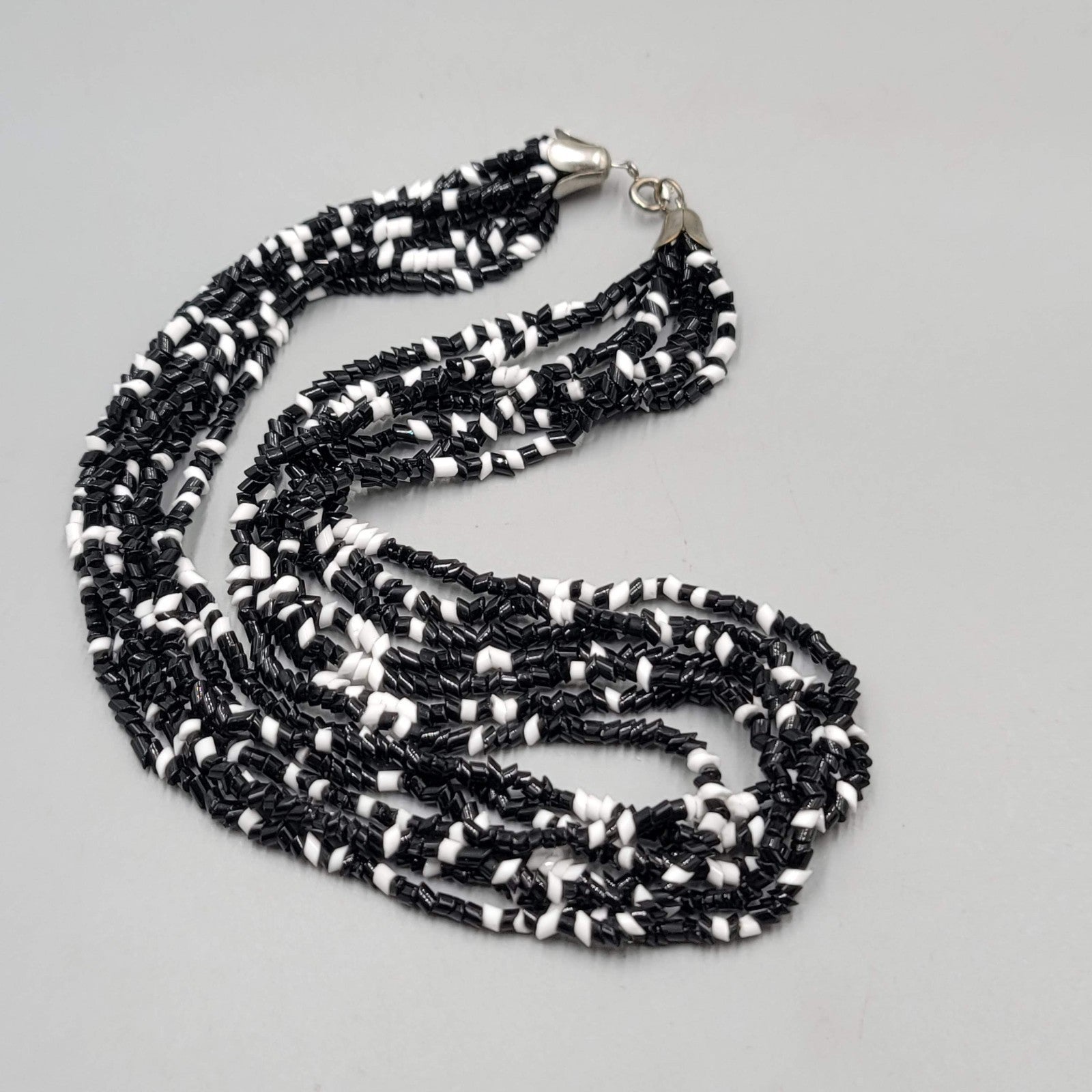 Vintage Black White Glass Bead Necklace Multi Strand 18"