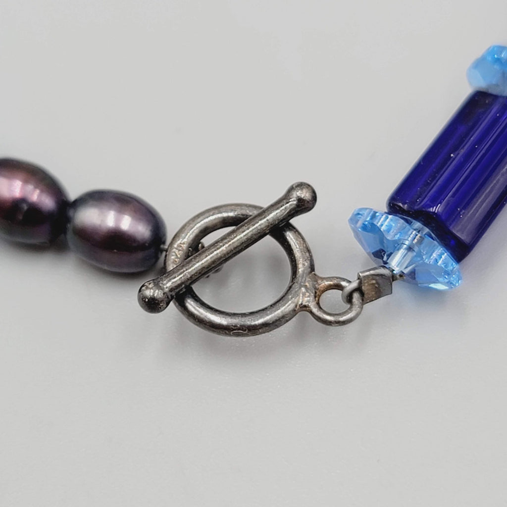 Blue Glass Peacock Pearl Bead Bracelet Toggle Clasp 7 in
