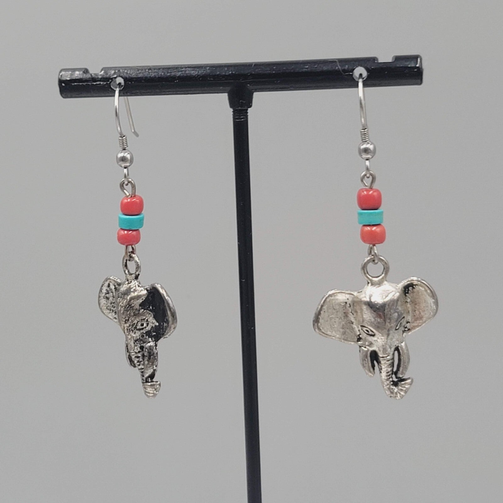 Elephant Bead Pierced Earrings Dangle Silver tone 1.5"