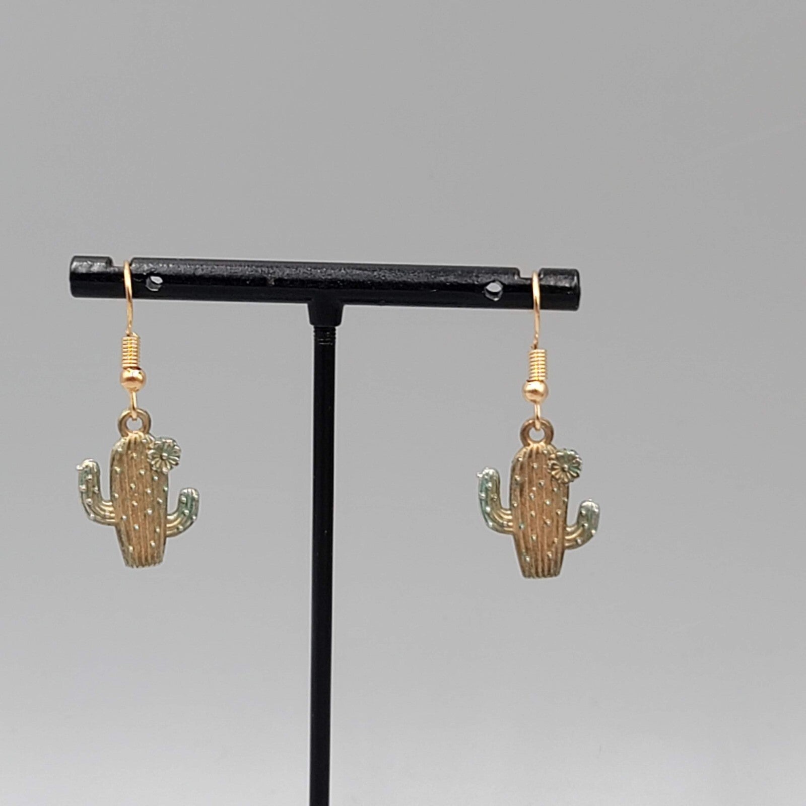 Saguaro Cactus Pierced Earrings Gold tone Dangle 3/4"