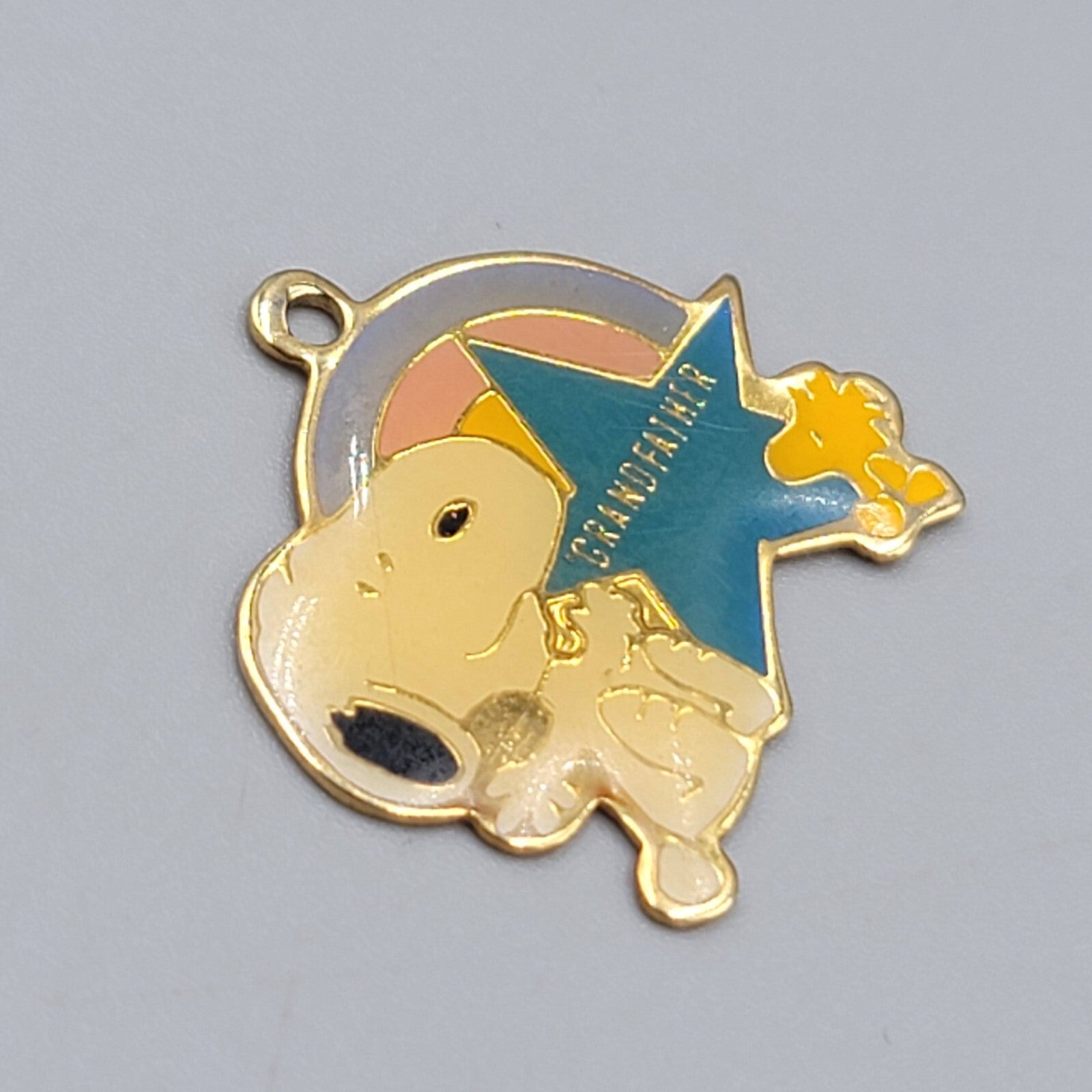 Vintage Snoopy GRANDFATHER Charm Rainbow Woodstock Blue Star Gold tone 7/8"