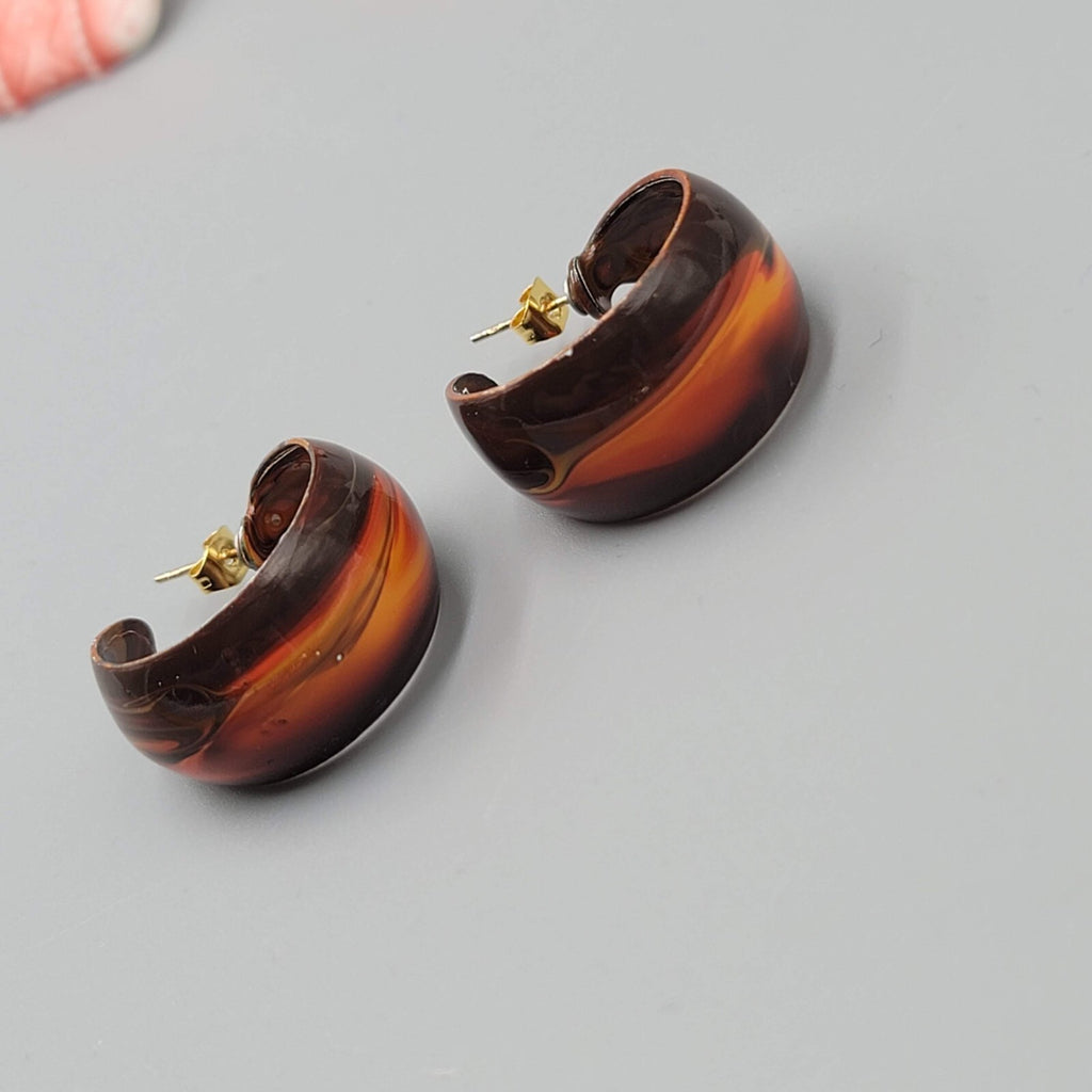 Vintage Hand Painted Swirl Wide Hoops Red Yellow Pierced Earrings 1"