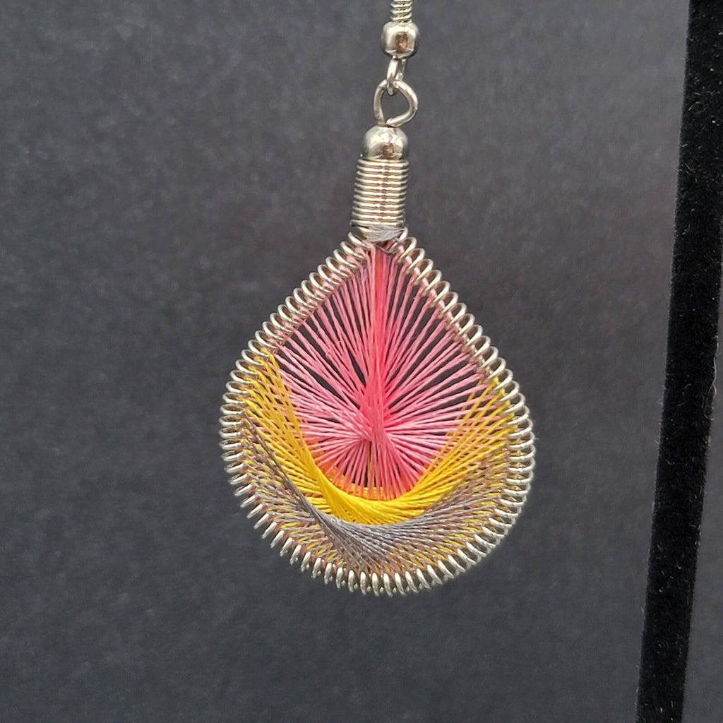 Pierced Earrings Silver tone String Art Yellow Pink Purple Teardrop 2"