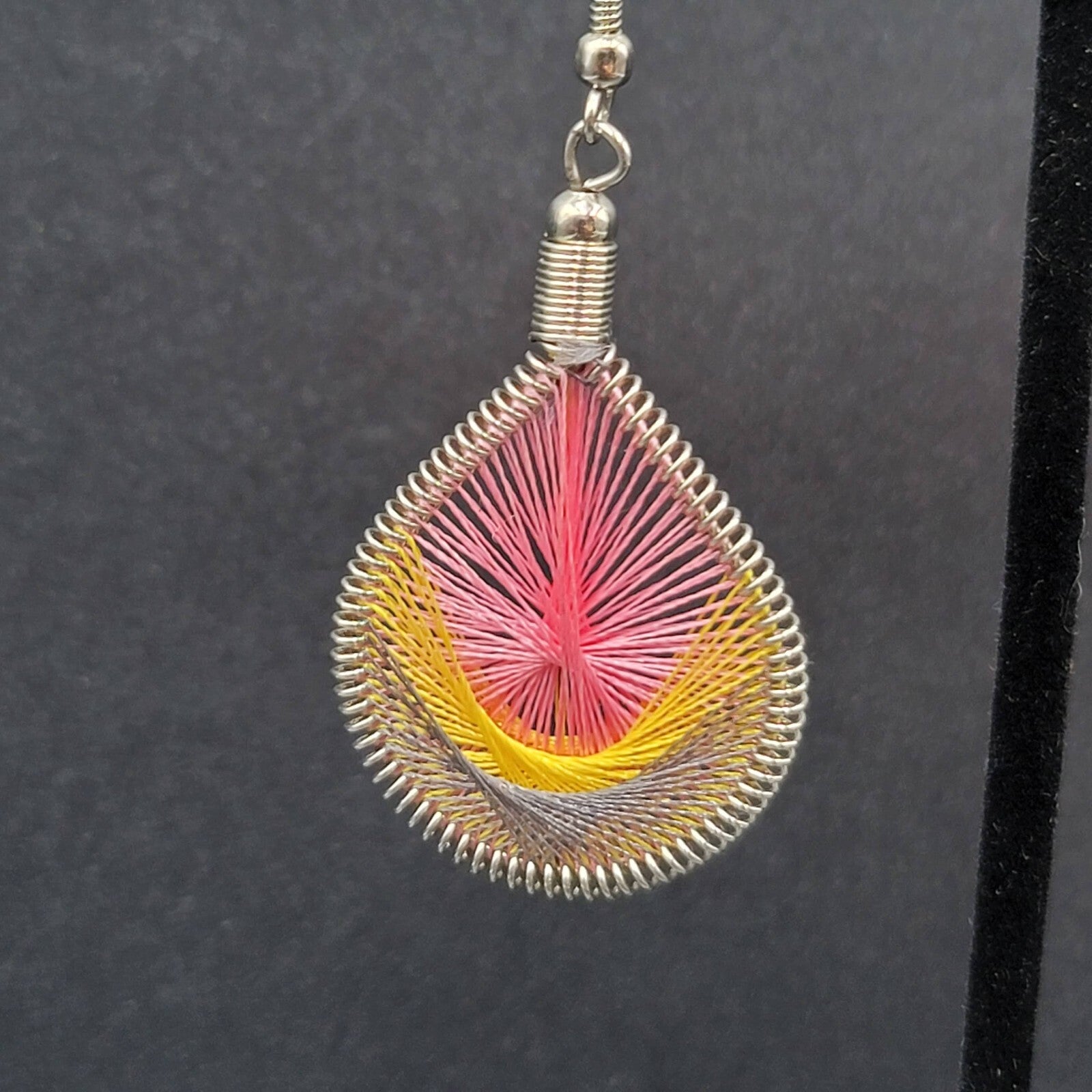 Pierced Earrings Silver tone String Art Yellow Pink Purple Teardrop 2"