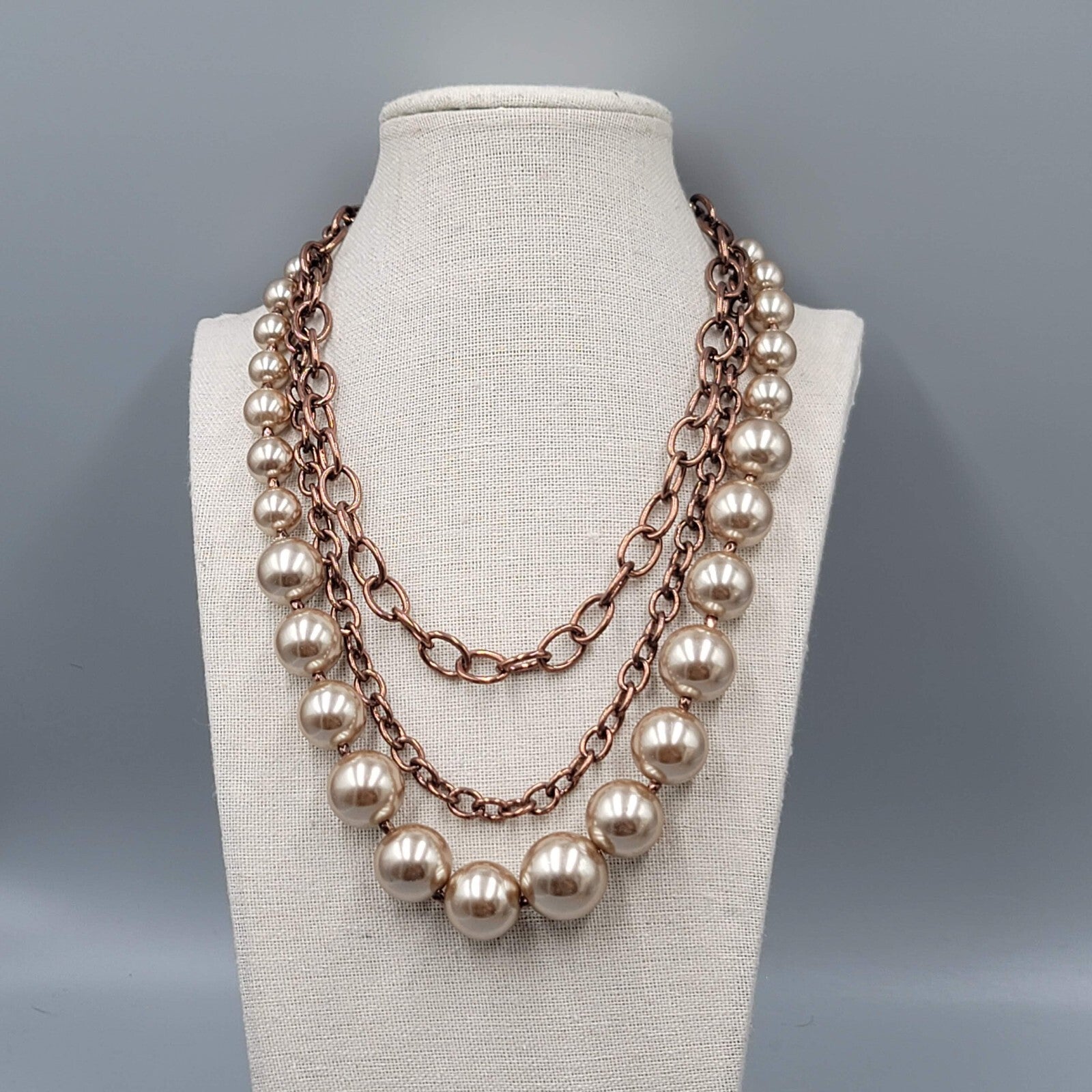 Statement Graduated Bead Necklace Copper tone Chain Layered 16"+