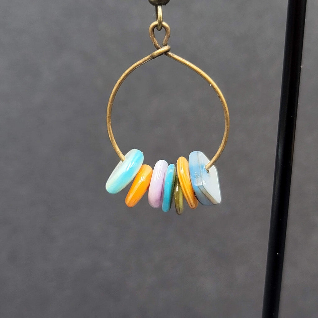 Pierced Earrings Multicolor Shell Beads Dangle Hoops 1 1/8"