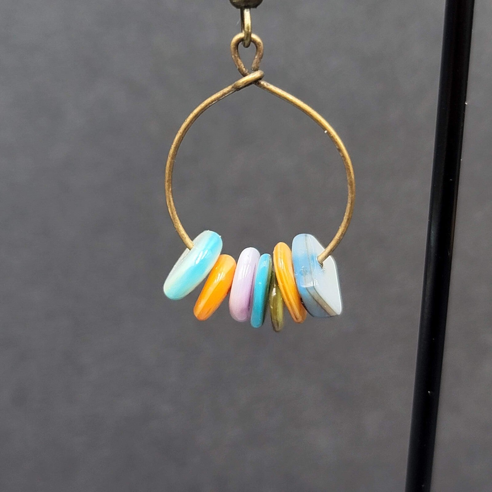 Pierced Earrings Multicolor Shell Beads Dangle Hoops 1 1/8"