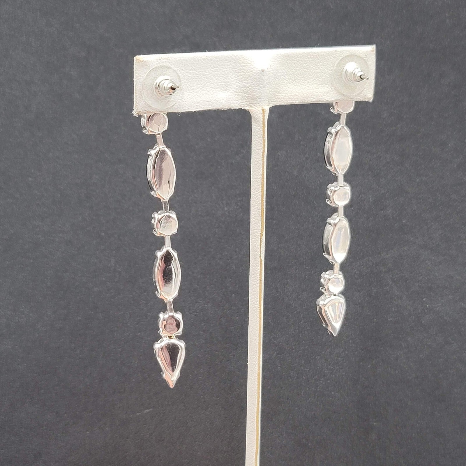 Pierced Earrings Silver tone Acrylic Black Prong Set Dangle 3"