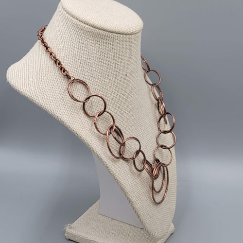 Copper Tone Statement Necklace Hammered Circle Link Chain Adjustable 18-20"