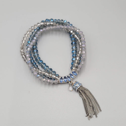 Blue Crystal Rhinestone Bracelet Layered Bead Elastic Silver tone Tassel Chains