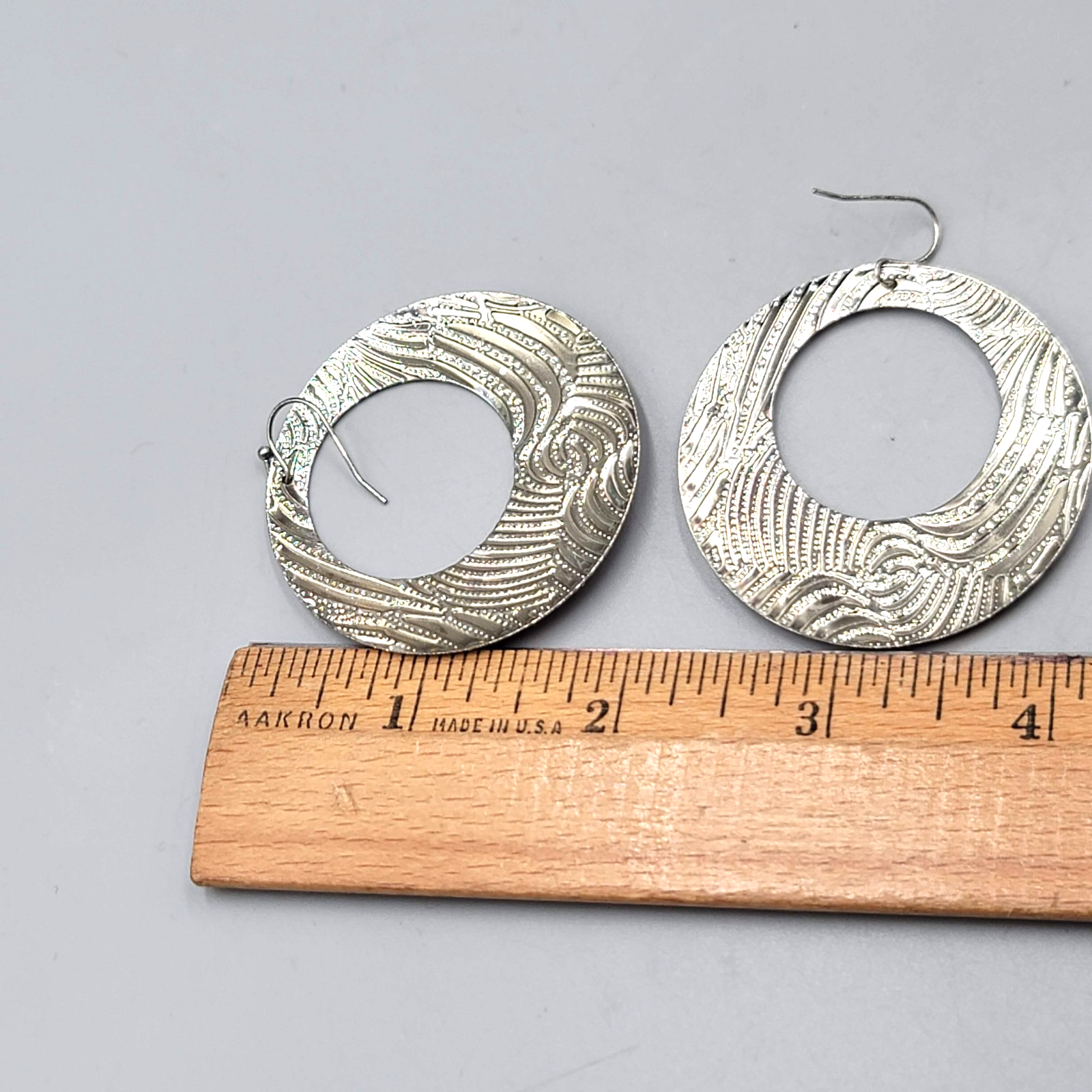 Large Statement Pierced Earrings Silver tone Dangle Orange-Red Enamel 2 in