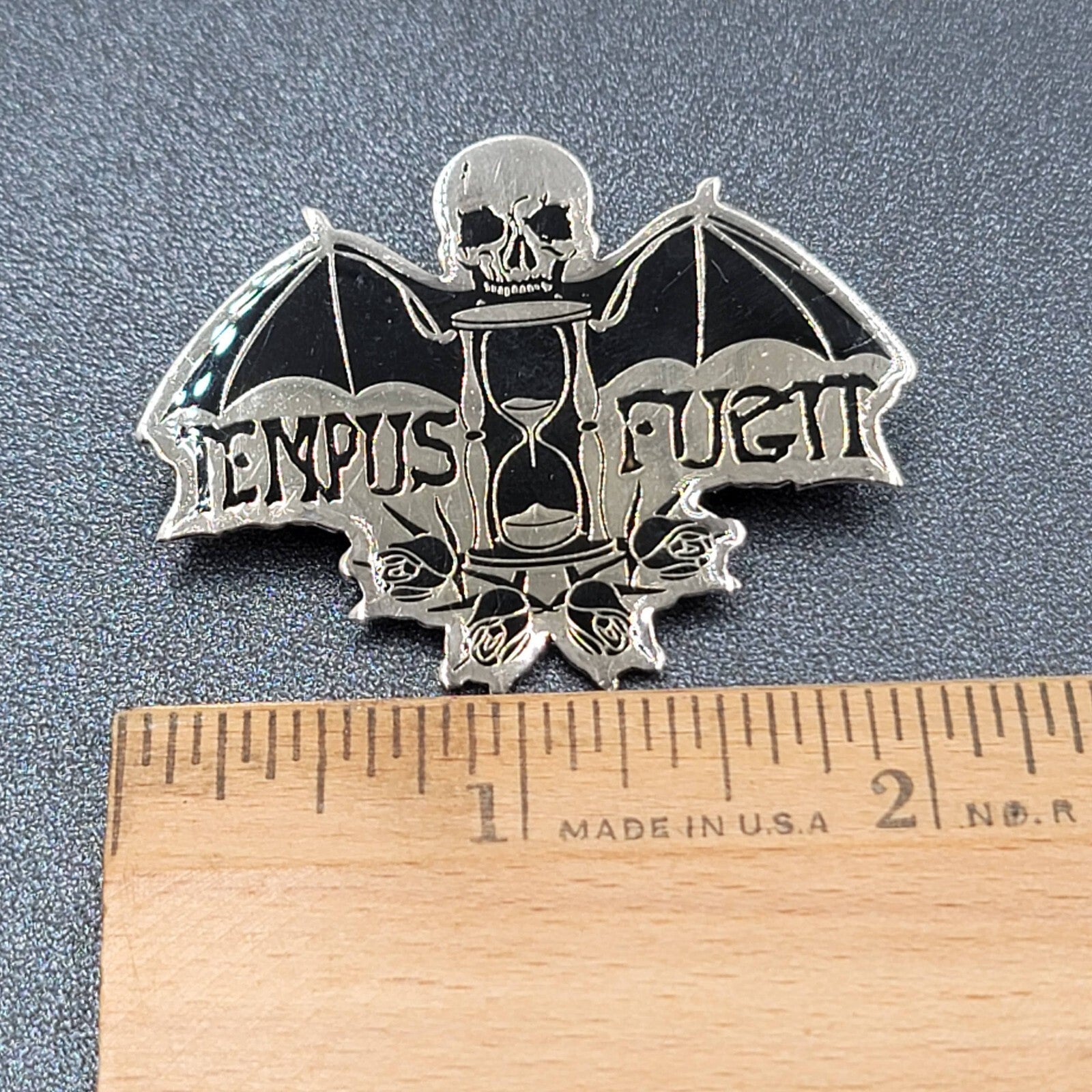 Tempus Fugit Time Flies Lapel Pin Black Silver Oddity Goth Punk Rock